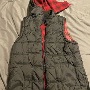 Black Puffer Vest with Red Plaid Lining